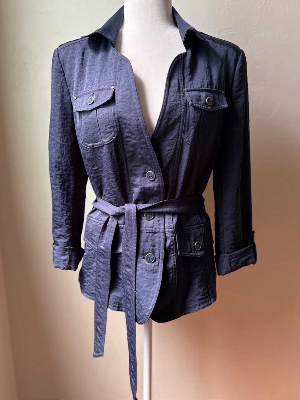 89th & Madison Navy Belted Safari Utility Jacket Large